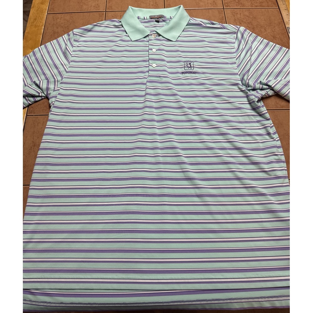 Peter Millar Polo Shirt‎ Sz XL Summer Comfort Golf Sea Foam Purple Stripes Logo